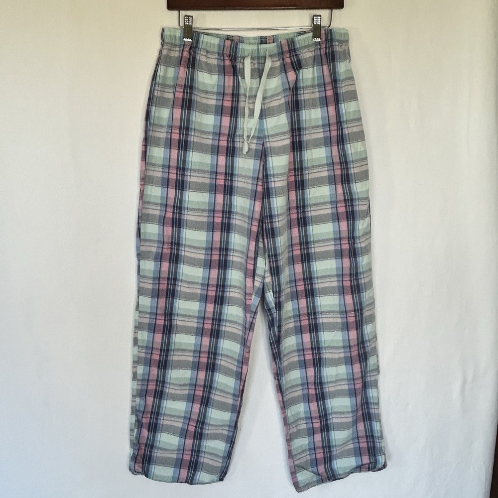 LL Bean Lounge Pajama Pants Cotton (2) Bundle Plaid Dog Motif Blue Large Read